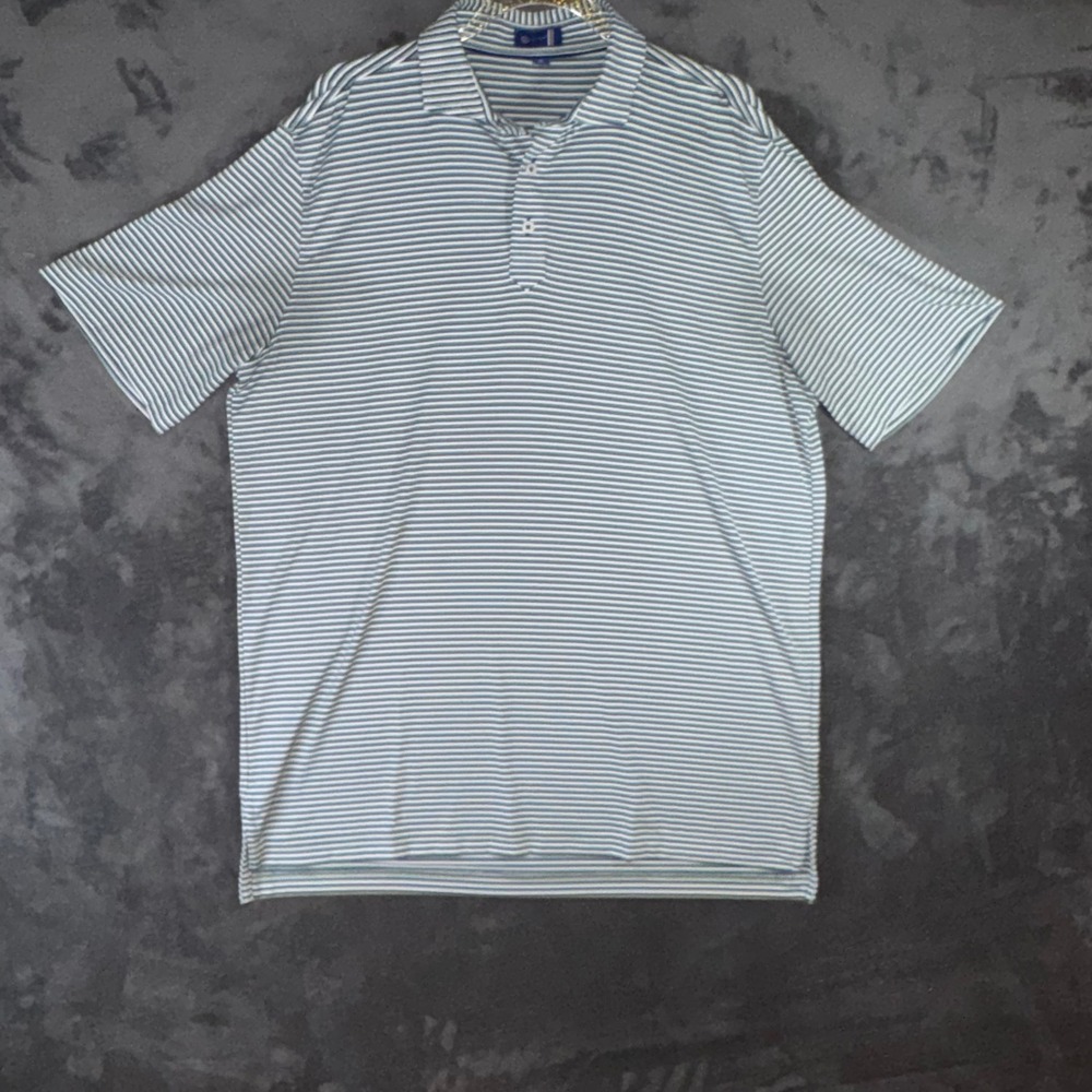 Mens Medium Stitch Golf Polo Shirt Green Navy Striped Excellent Short Sleeve